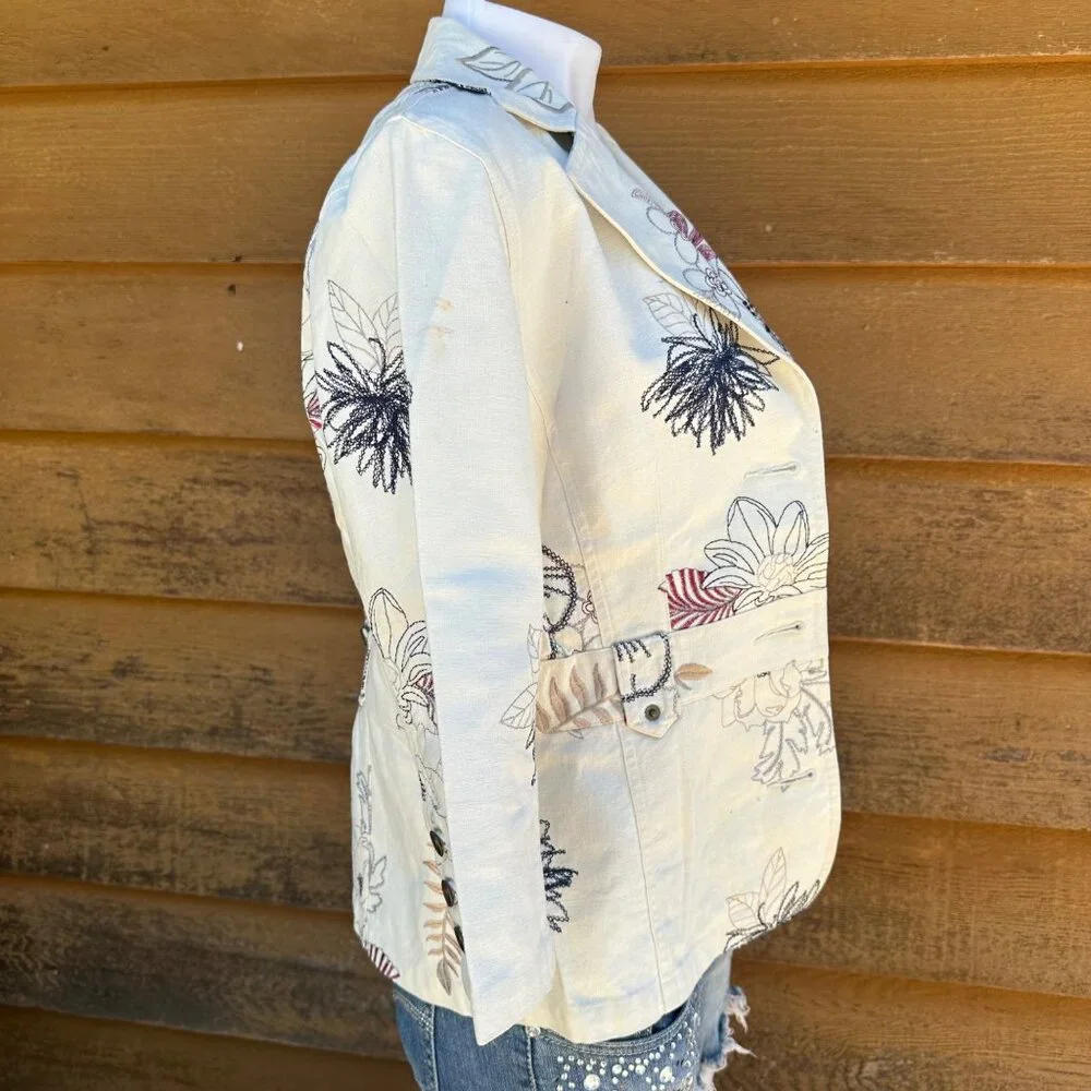 Vintage Multiples Embroidered Red Blue Cream Linen Blazer Size M - Picture 6 of 9